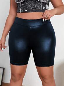 Calvaya Plus High Waist PU Leather Cycling Shorts - Blue - View 4