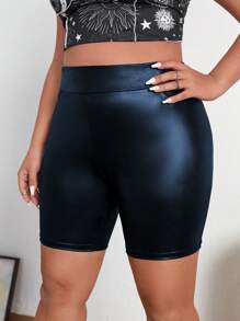 Calvaya Plus High Waist PU Leather Cycling Shorts - Blue - View 5