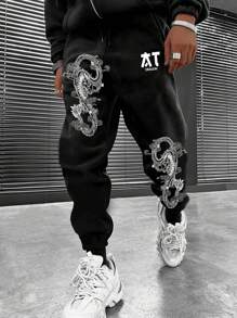 Manfinity EMRG Hombres Pantalones deportivos dragón & con estampado de letra de cintura con cordón - Negro - Ver 1