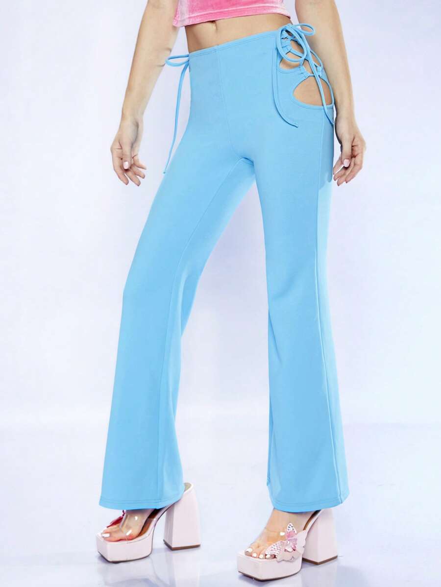 SHEIN ICON 鏤空側打結喇叭褲 - 薄荷藍 - 查看 1