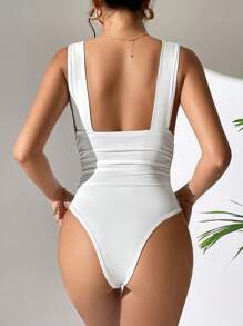 SHEIN PETITE Solid Backless Ruched Bodysuit - White - View 3