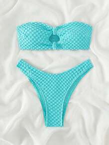 SHEIN Swim Summer Beach Textured Cut-Out Bandeau Bikini Set - Mint Blue - View 5