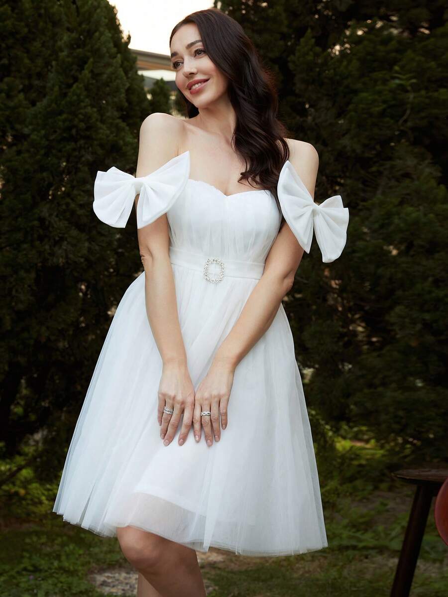 Missord Bow Detail Belted Mesh Overlay Dress - White - View 1