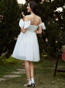 Missord Bow Detail Belted Mesh Overlay Dress - White - View 2