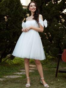 Missord Bow Detail Belted Mesh Overlay Dress - White - View 3