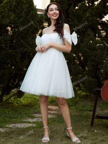 Missord Bow Detail Belted Mesh Overlay Dress