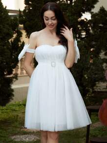 Missord Bow Detail Belted Mesh Overlay Dress - White - View 4