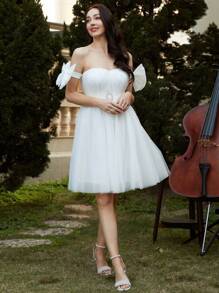 Missord Bow Detail Belted Mesh Overlay Dress - White - View 5