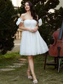 Missord Bow Detail Belted Mesh Overlay Dress