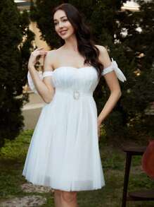 Missord Bow Detail Belted Mesh Overlay Dress - White - View 6