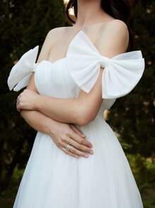 Missord Bow Detail Belted Mesh Overlay Dress - White - View 7