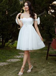 Missord Bow Detail Belted Mesh Overlay Dress
