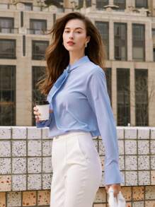 MOTF PREMIUM 真絲打結式襯衫 - 淺藍色 - 查看 9