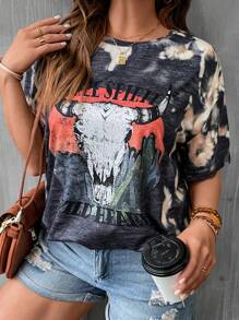 SHEIN LUNE Plus Tie Dye Letter Graphic Drop Shoulder Tee - Multicolor - View 1