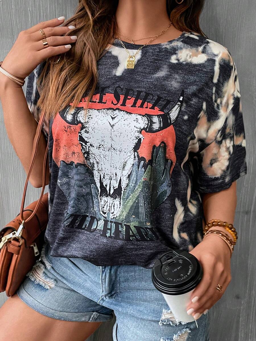 SHEIN LUNE Plus Tie Dye Letter Graphic Drop Shoulder Tee - Multicolor - View 1