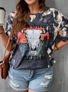 SHEIN LUNE Plus Tie Dye Letter Graphic Drop Shoulder Tee - Multicolor - View 4