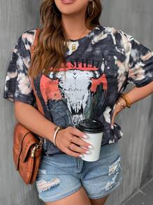 SHEIN LUNE Plus Tie Dye Letter Graphic Drop Shoulder Tee - Multicolor - View 5