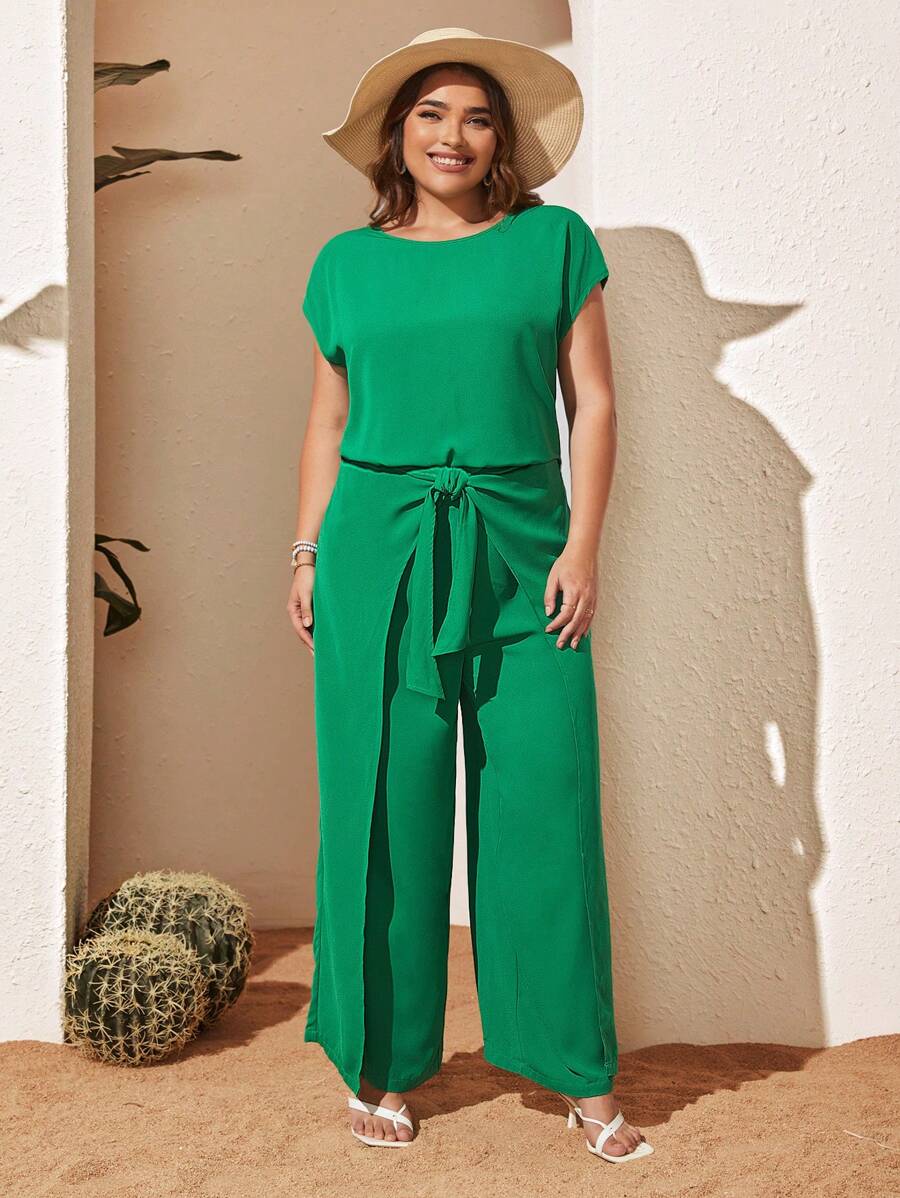 SHEIN VCAY Plus Batwing Sleeve Top & Knot Front Wide Leg Trousers - Green - View 1