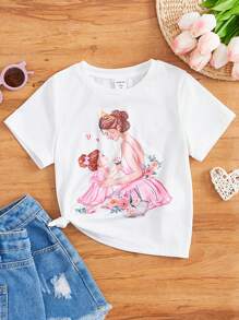 SHEIN Tops con gái lớn Con số Hoa Giải trí - trắng - Xem 1