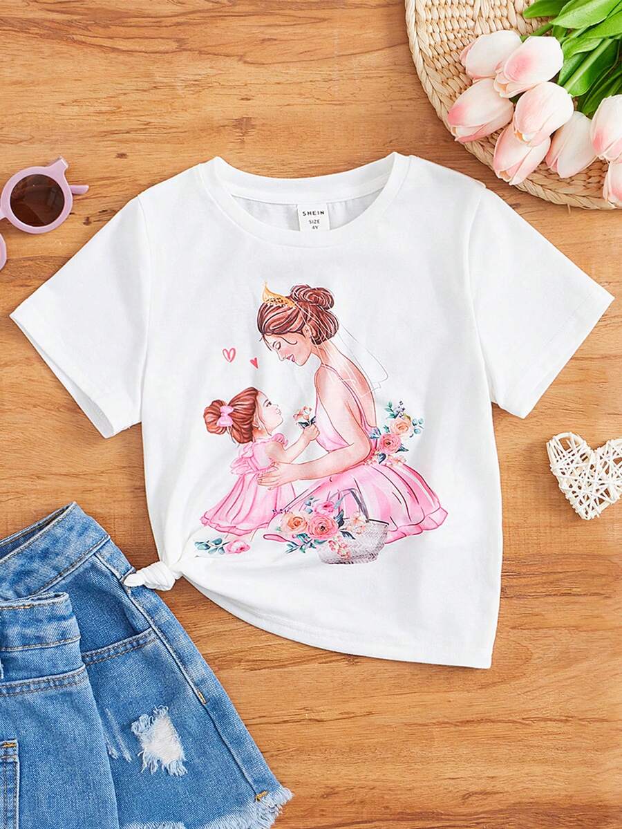 SHEIN Tops con gái lớn Con số Hoa Giải trí - trắng - Xem 1