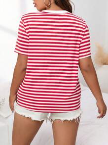SHEIN Essnce Camiseta de rayas con bordado de corazón talla grande para el verano - Rojo y blanco - Ver 2