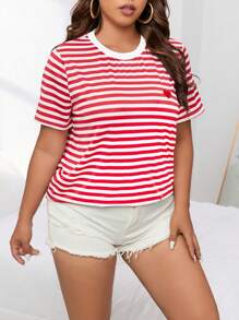 SHEIN Essnce Camiseta de rayas con bordado de corazón talla grande para el verano - Rojo y blanco - Ver 3
