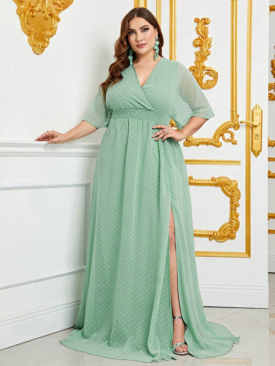Plus Swiss Dot Split Thigh Chiffon Dress - Mint Green - View 1
