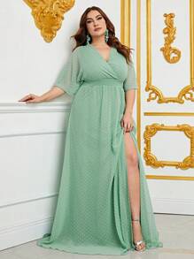 Plus Swiss Dot Split Thigh Chiffon Dress - Mint Green - View 4