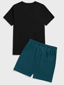 RueChic Men Letter Graphic Tee & Drawstring Waist Shorts - Multicolor - View 2