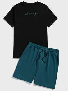 RueChic Men Letter Graphic Tee & Drawstring Waist Shorts - Multicolor - View 4
