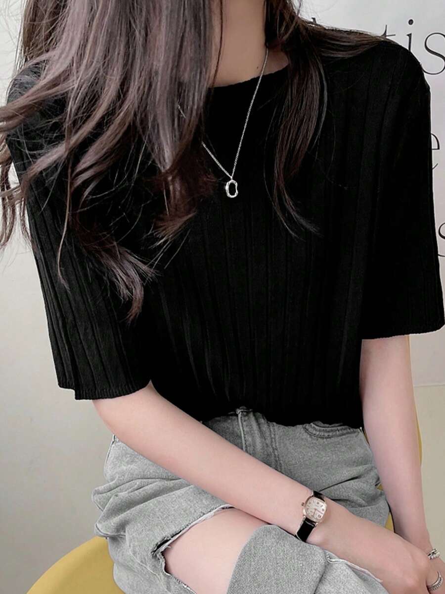 Top unicolor tejido de canalé - Negro - Ver 1