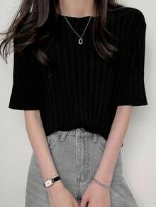 Top unicolor tejido de canalé - Negro - Ver 3