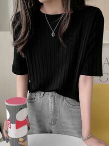 Top unicolor tejido de canalé - Negro - Ver 4