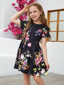 女大童印花褶皺細節洋裝 - 黑色 - 查看 1