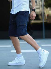 Manfinity Homme Men Flap Pocket Drawstring Waist Cargo Shorts Going Out Plain Shorts, For Husband, Boyfriend Gifts, Back To School