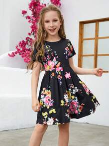 女大童印花褶皺細節洋裝 - 黑色 - 查看 4