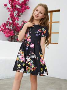 女大童印花褶皺細節洋裝 - 黑色 - 查看 5