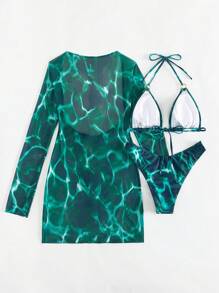Swim SXY 夏日海灘撞色印花三角比基尼套裝，帶遮陽罩 - 彩色 - 查看 5