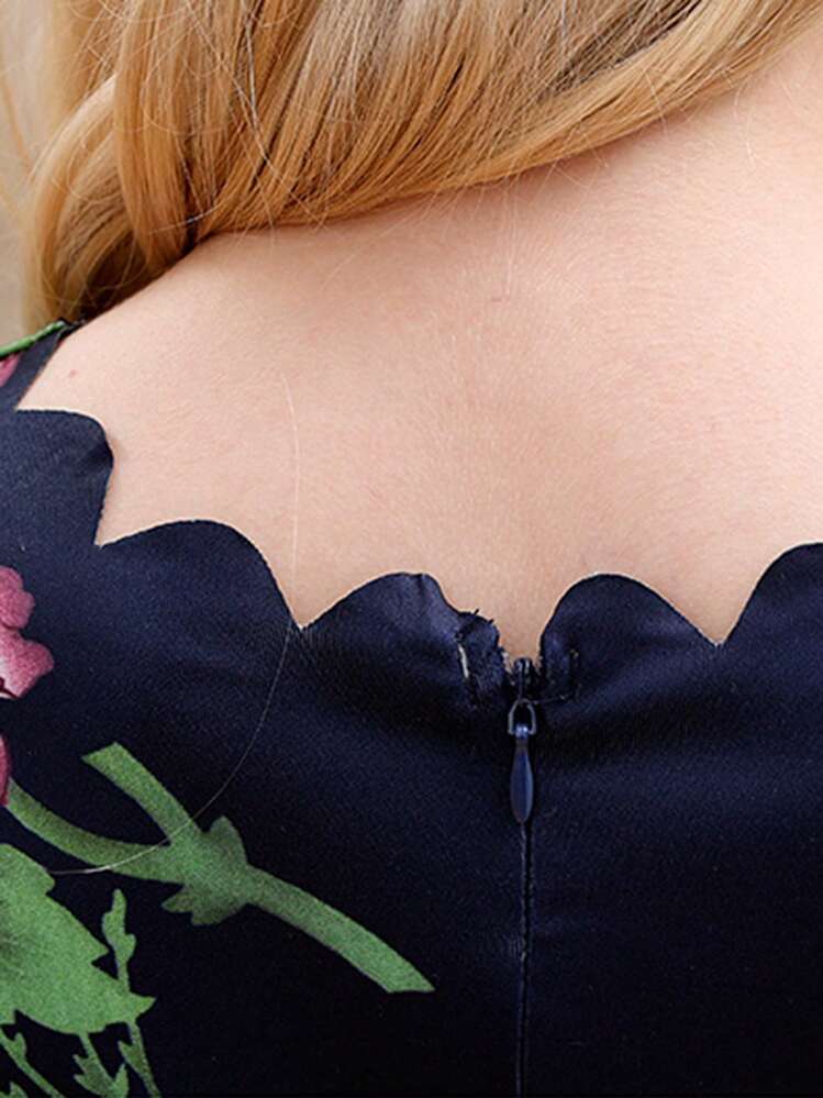 Tween Girl Floral Print Belted Dress - Navy Blue - View 7