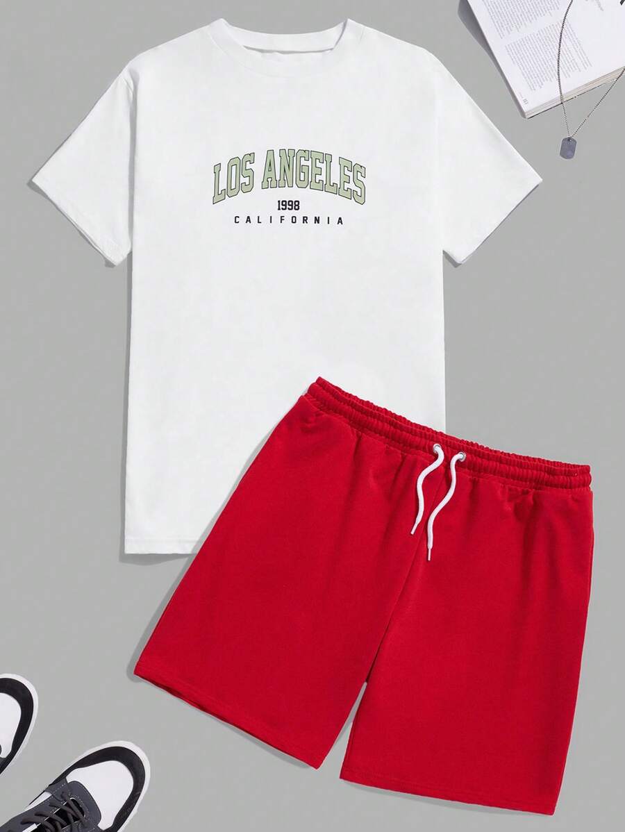 RueChic Men Letter Graphic Tee & Drawstring Waist Shorts - Red and White - View 1