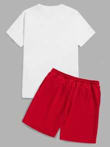 RueChic Men Letter Graphic Tee & Drawstring Waist Shorts - Red and White - View 2