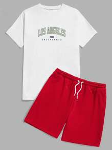 RueChic Men Letter Graphic Tee & Drawstring Waist Shorts - Red and White - View 5
