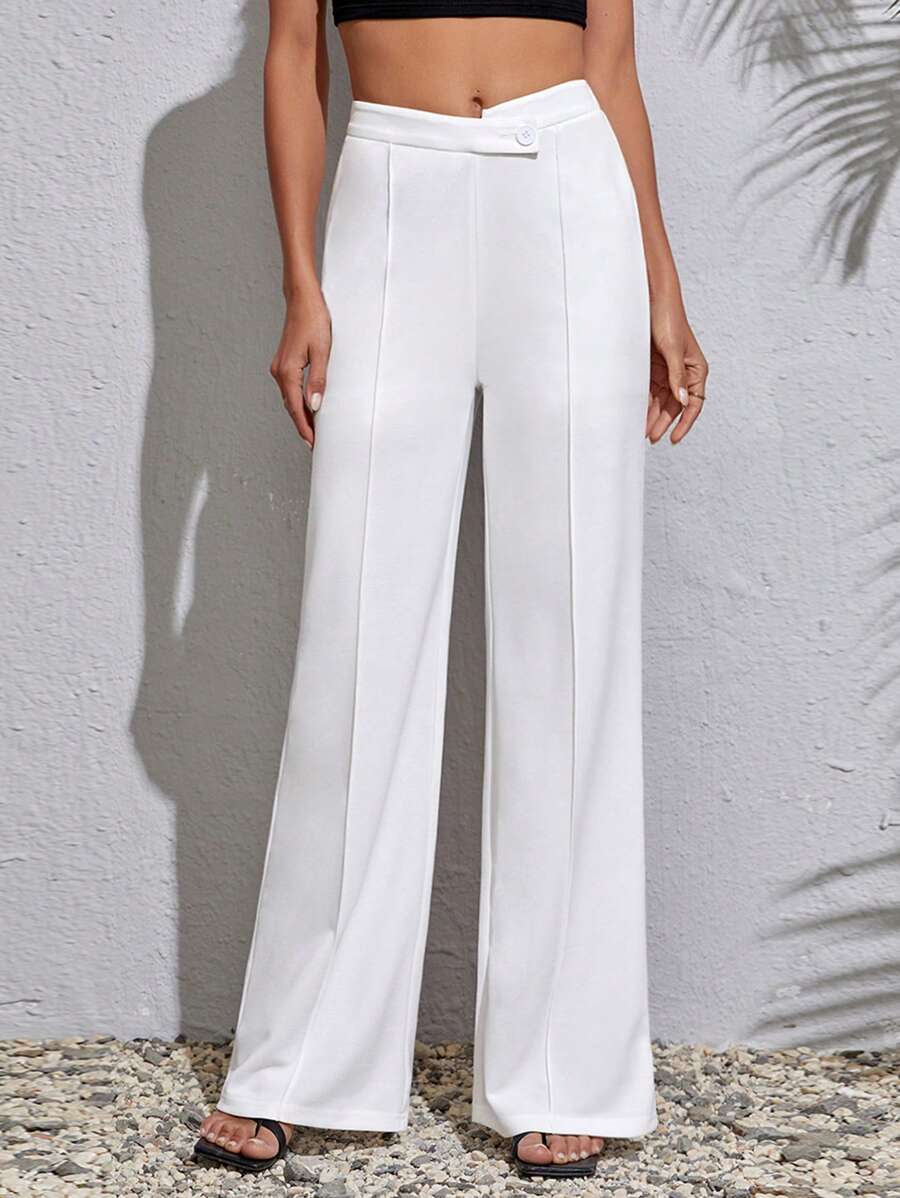 SHEIN Tall 素色階梯式腰闊腿褲 - 白色 - 查看 1