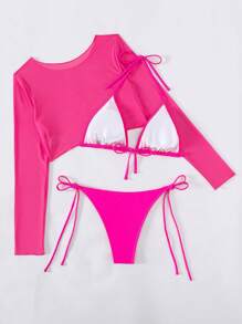 SHEIN Swim Summer Beach Solid Bikini Set Halter Bra & Tie Side Thong Bottom & Long Sleeve Cover Up Top 3 Piece Bathing Suit - Hot Pink - View 7