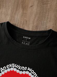SHEIN LUNE 唇部和標語圖案T恤 - 黑色 - 查看 3