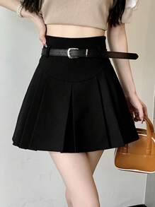 Falda unicolor fruncido con cinturón - Negro - Ver 1