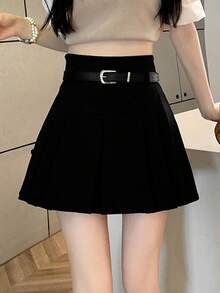 Falda unicolor fruncido con cinturón - Negro - Ver 3