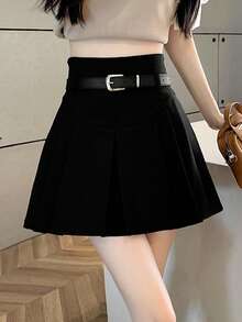 Falda unicolor fruncido con cinturón - Negro - Ver 5