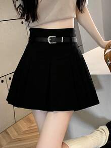 Falda unicolor fruncido con cinturón - Negro - Ver 7