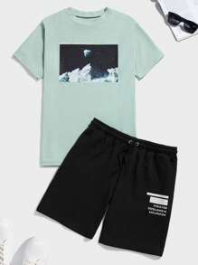 RueChic Men Mountain Print Tee & Slogan Graphic Drawstring Waist Shorts - Multicolor - View 1